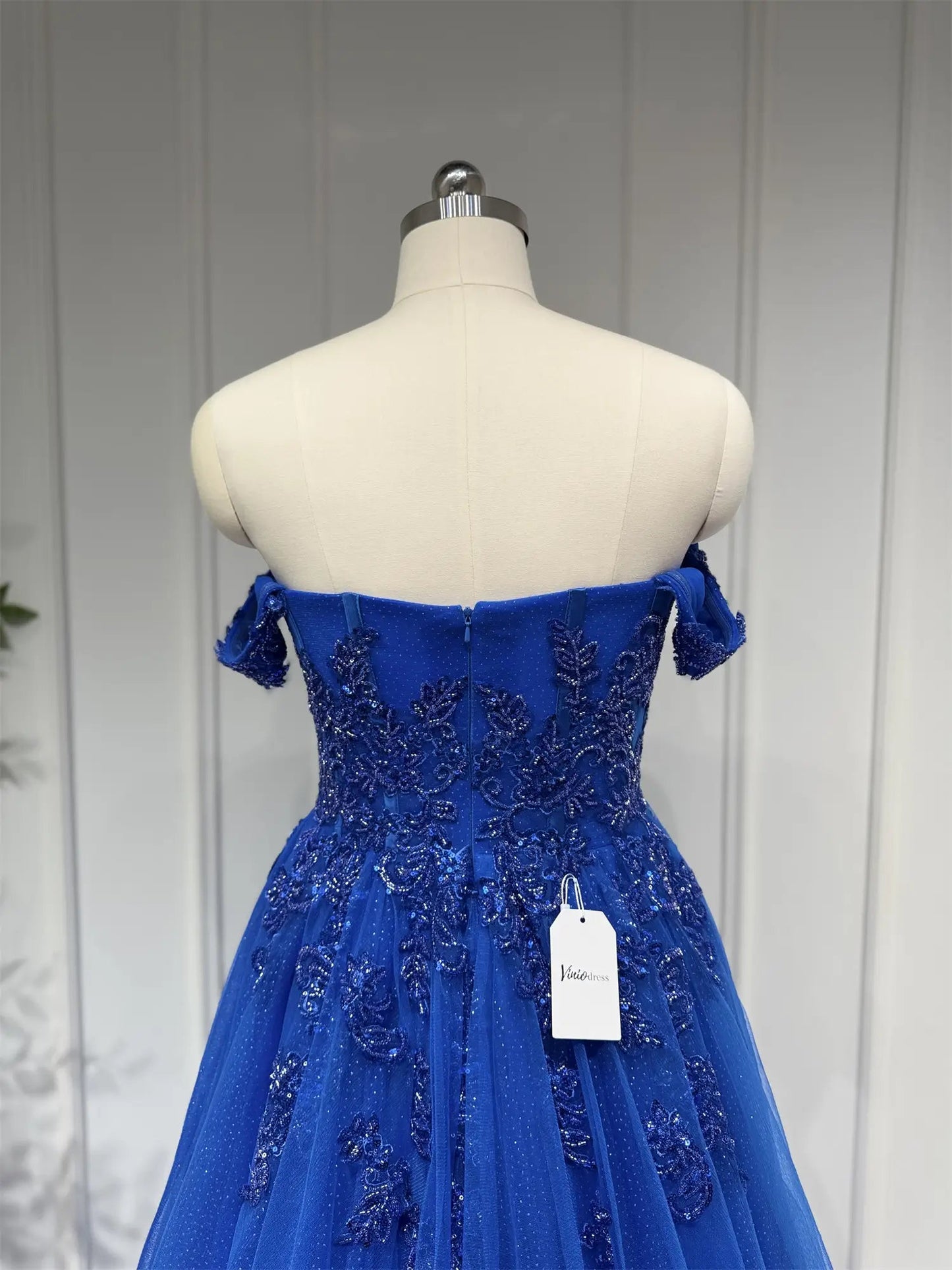 Royal Blue Beaded Lace Prom Dresses with Slit Off the Shoulder Formal Gown FD4052 - Viniodressprom dressesRoyal BlueCustom Size - Formal Dresses - Ball Gowns