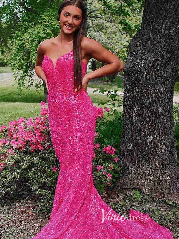 Prom Dress 2025 Royal Blue Mermaid Sequin Prom Dresses Strapless Evening Dress FD3311-unique prom dresses-Hot Pink-Custom Size-Viniodress