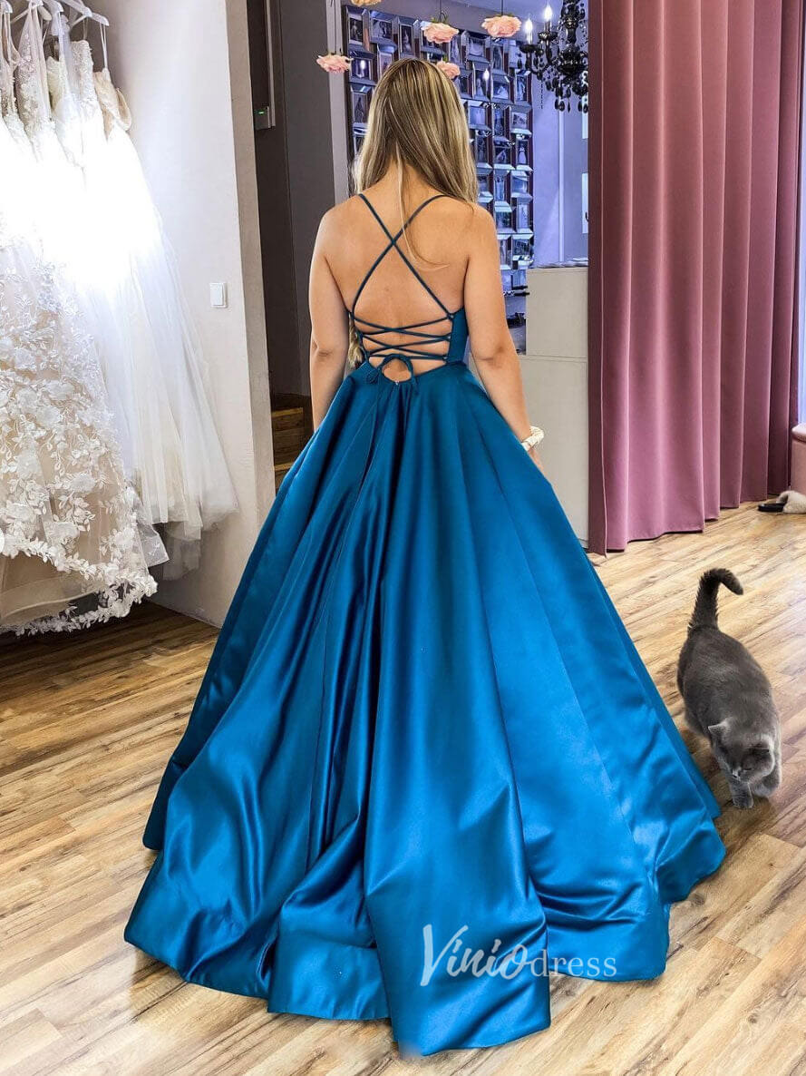 Prom Dress 2025 Royal Blue Spaghetti Strap Prom Dresses Satin A-Line Evening Dress FD3076-unique prom dresses-Royal Blue-Custom Size-Viniodress