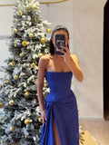 prom dresses 2025-to impress Royal Blue Strapless Satin Prom Dresses 2025 with Slit – FD5215-plus size wedding dresses Viniodress-Blue-Custom Size-