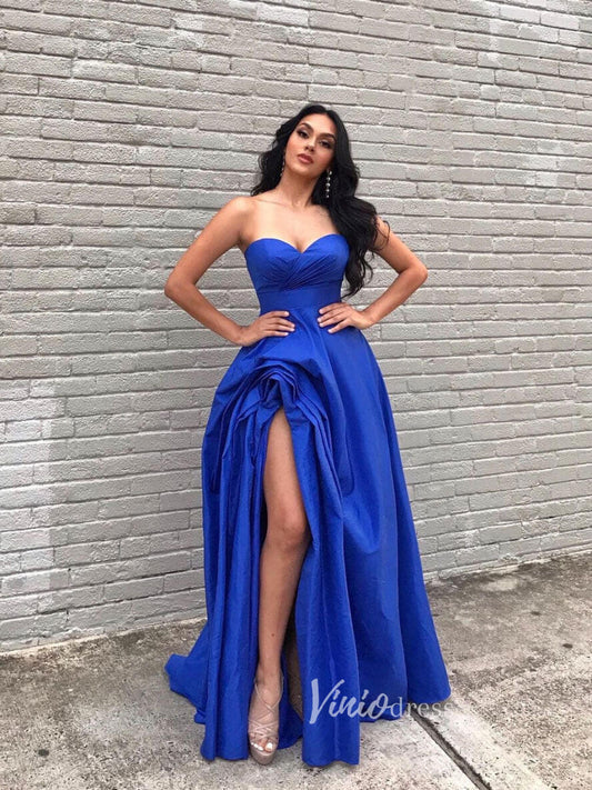 Prom Dress 2025 Royal Blue Sweetheart Neck Prom Dresses With Slit Strapless Evening Dress FD3074-unique prom dresses-Royal Blue-Custom Size-Viniodress