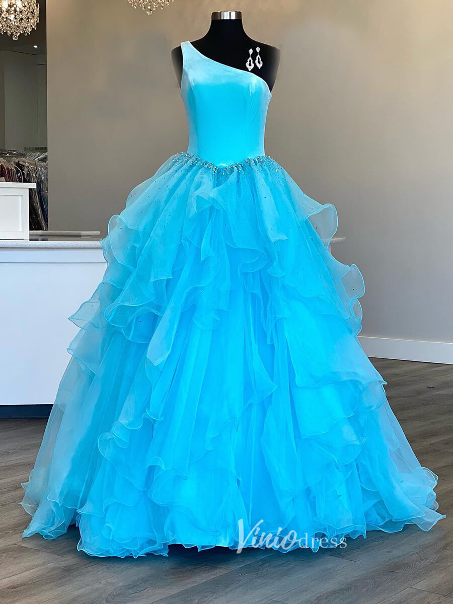 Prom Dress 2025 Ruffle Organza Prom Dress One Shoulder Pageant Dresses FD2974-unique prom dresses-Aqua-Custom Size-Viniodress