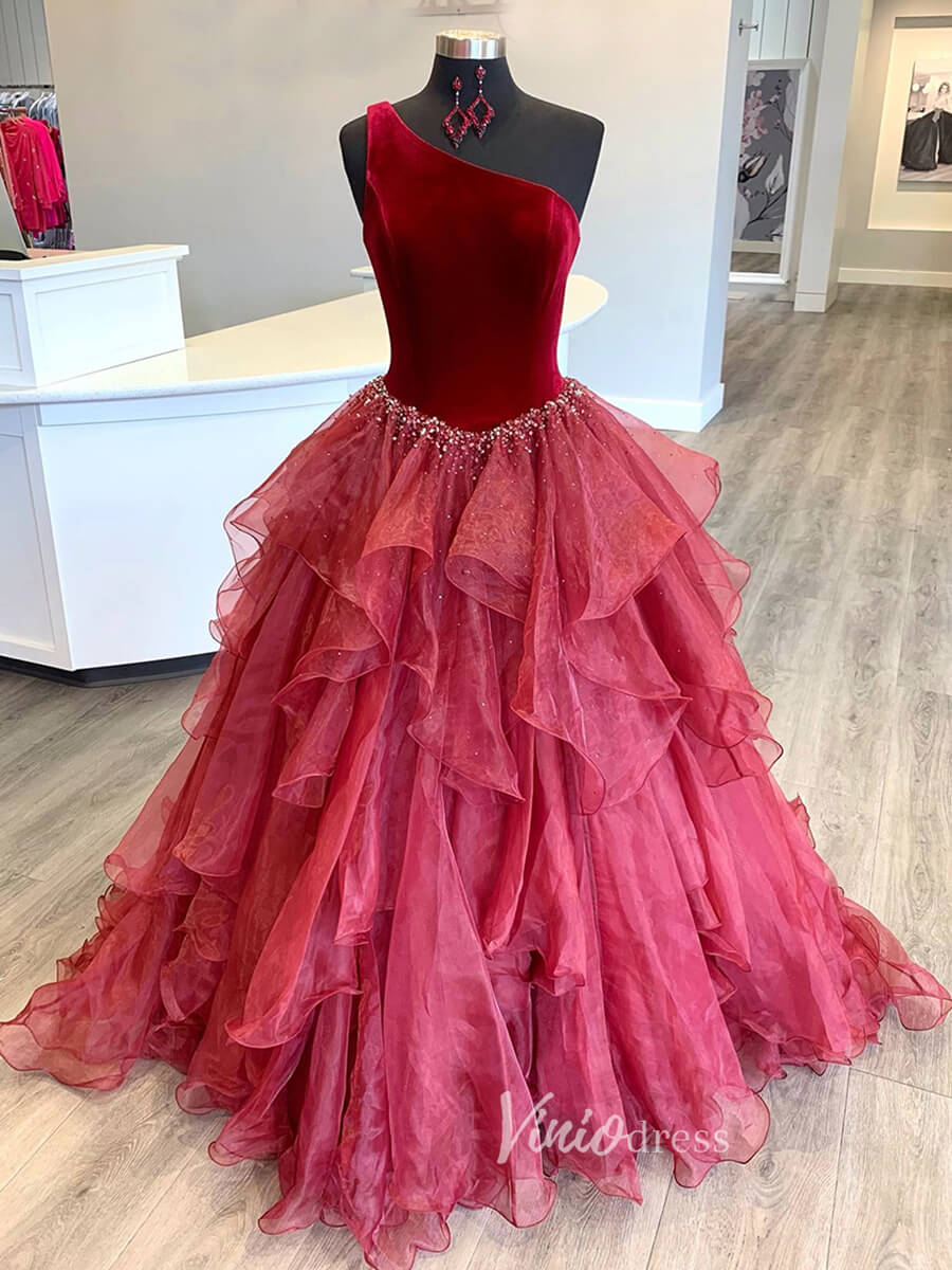 Prom Dress 2025 Ruffle Organza Prom Dress One Shoulder Pageant Dresses FD2974-unique prom dresses-Burgundy-Custom Size-Viniodress