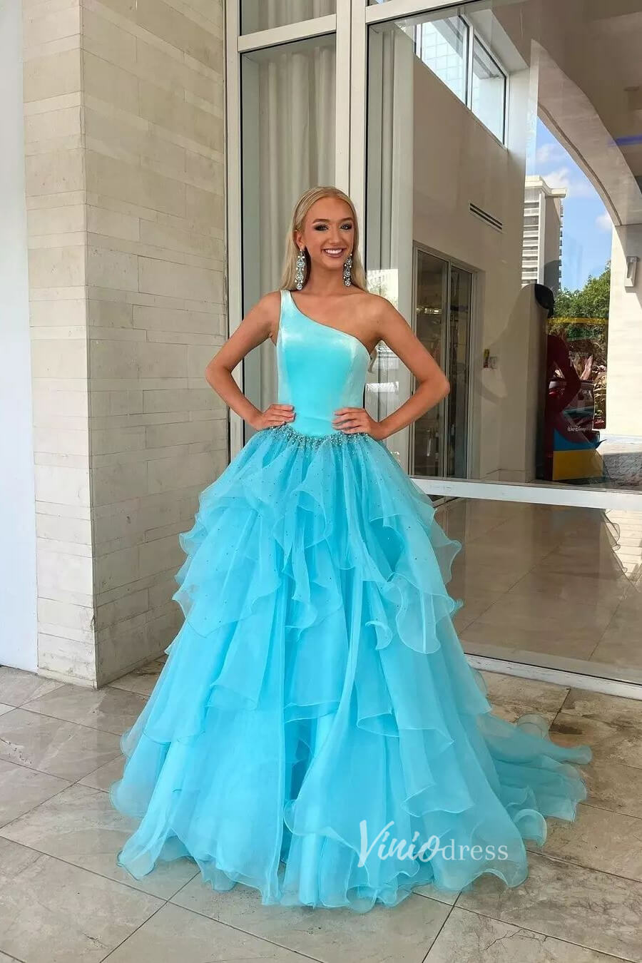 Prom Dress 2025 Ruffle Organza Prom Dress One Shoulder Pageant Dresses FD2974-unique prom dresses-Light Blue-Custom Size-Viniodress