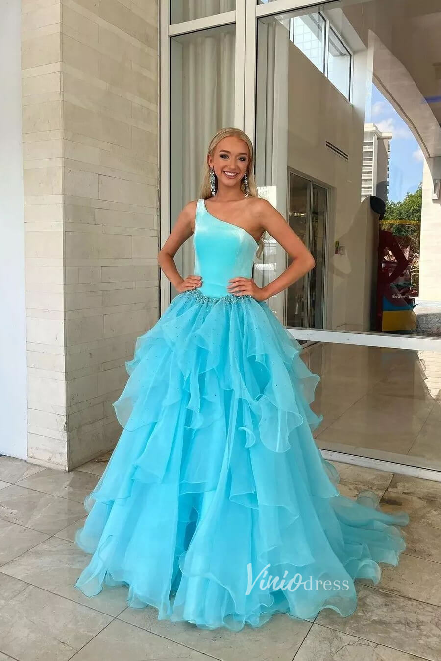 Prom Dress 2025 Ruffle Organza Prom Dress One Shoulder Pageant Dresses FD2974-unique prom dresses-Light Blue-Custom Size-Viniodress