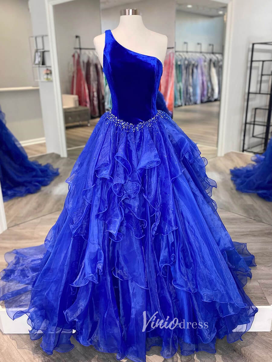 Prom Dress 2025 Ruffle Organza Prom Dress One Shoulder Pageant Dresses FD2974-unique prom dresses-Royal Blue-Custom Size-Viniodress