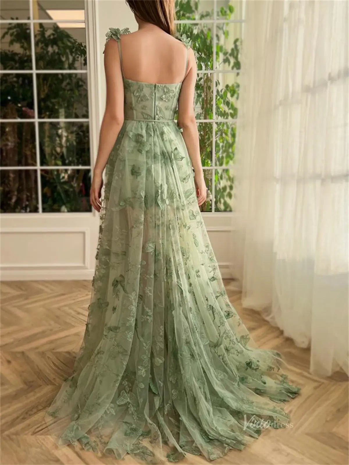 Sage Green Butterfly Dresses high Slit Lace Prom Dresses TO0006 - Viniodressprom dressesLight GreenCustom Size - Formal Dresses - Ball Gowns