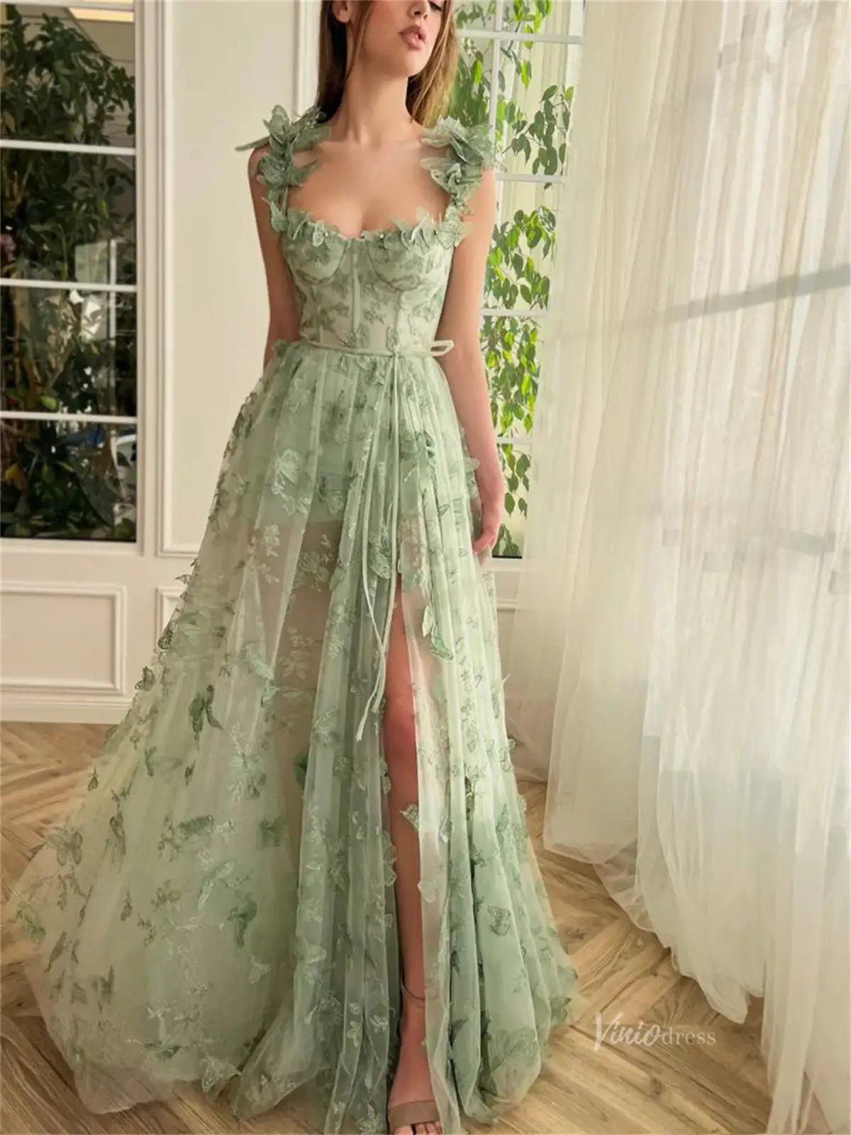 Sage Green Butterfly Dresses high Slit Lace Prom Dresses TO0006 - Viniodressprom dressesLight GreenCustom Size - Formal Dresses - Ball Gowns