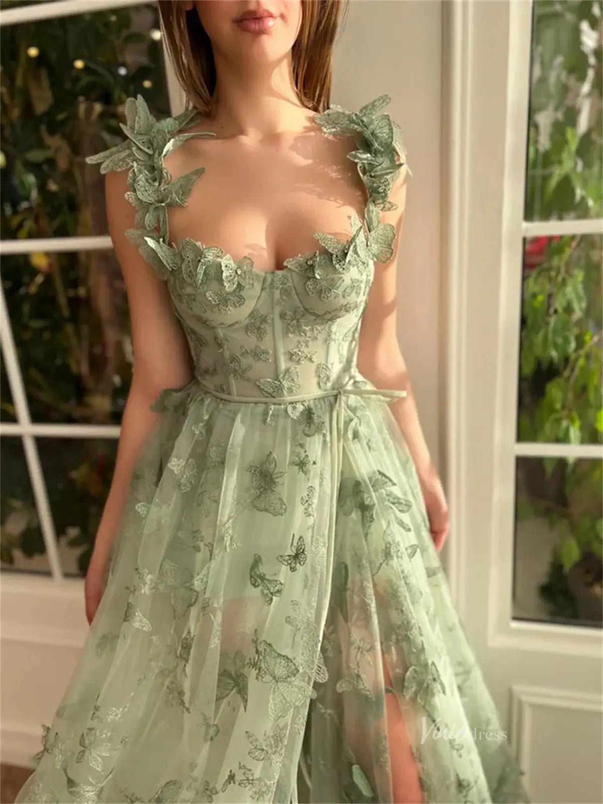 Sage Green Butterfly Dresses high Slit Lace Prom Dresses TO0006 - Viniodressprom dressesLight GreenCustom Size - Formal Dresses - Ball Gowns