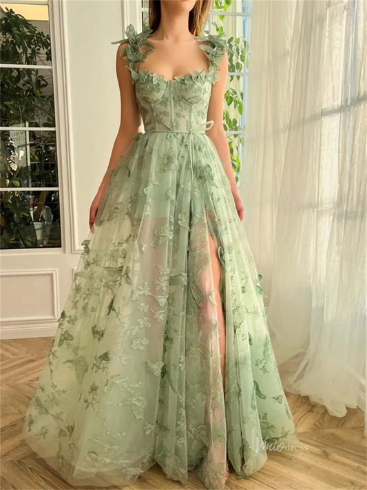 Sage Green Butterfly Dresses high Slit Lace Prom Dresses TO0006 - Viniodressprom dressesLight GreenCustom Size - Formal Dresses - Ball Gowns