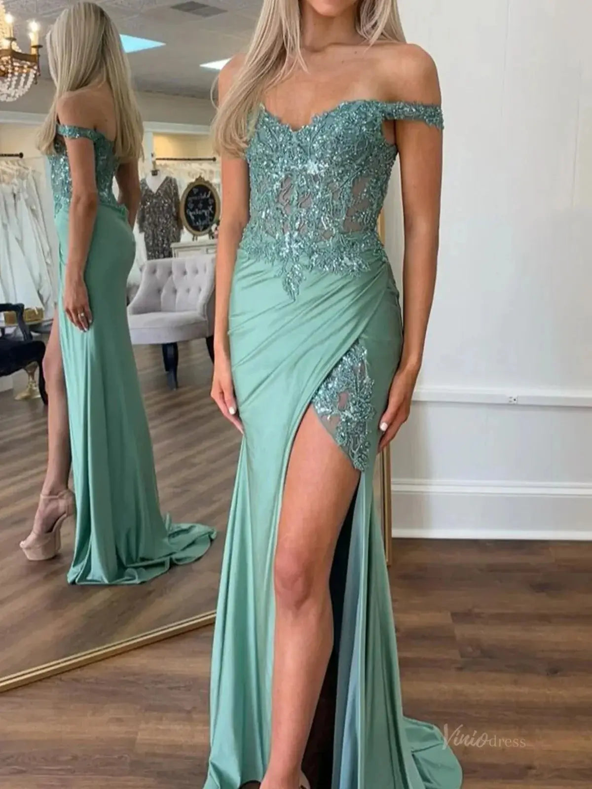 Sage Green Satin Mermaid Prom Dress 2025 with Slit & Lace Sheer Bodice – FD5046