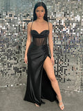 prom dresses 2025-to impress Satin Mermaid Prom Dresses 2025 with Slit, Sheer Boned Bodice & Spaghetti Strap – FD5064-plus size wedding dresses Viniodress-Black-Custom Size-