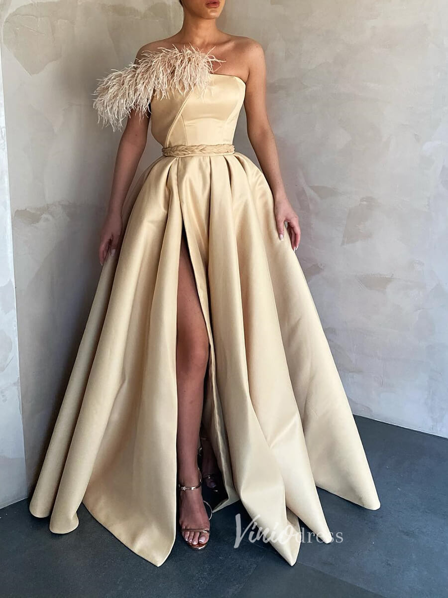 Prom Dress 2025 Satin Prom Dress with Slit One Shoulder Feather Sleeve Evening Gown with Pockets FD3145-unique prom dresses-Champagne-Custom Size-Viniodress