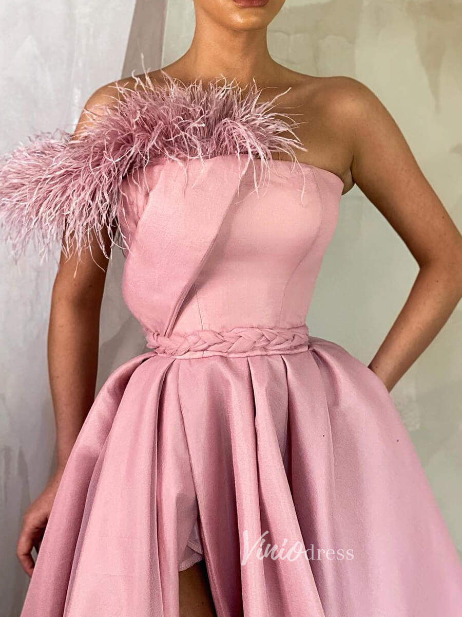 Prom Dress 2025 Satin Prom Dress with Slit One Shoulder Feather Sleeve Evening Gown with Pockets FD3145-unique prom dresses-Pink-Custom Size-Viniodress