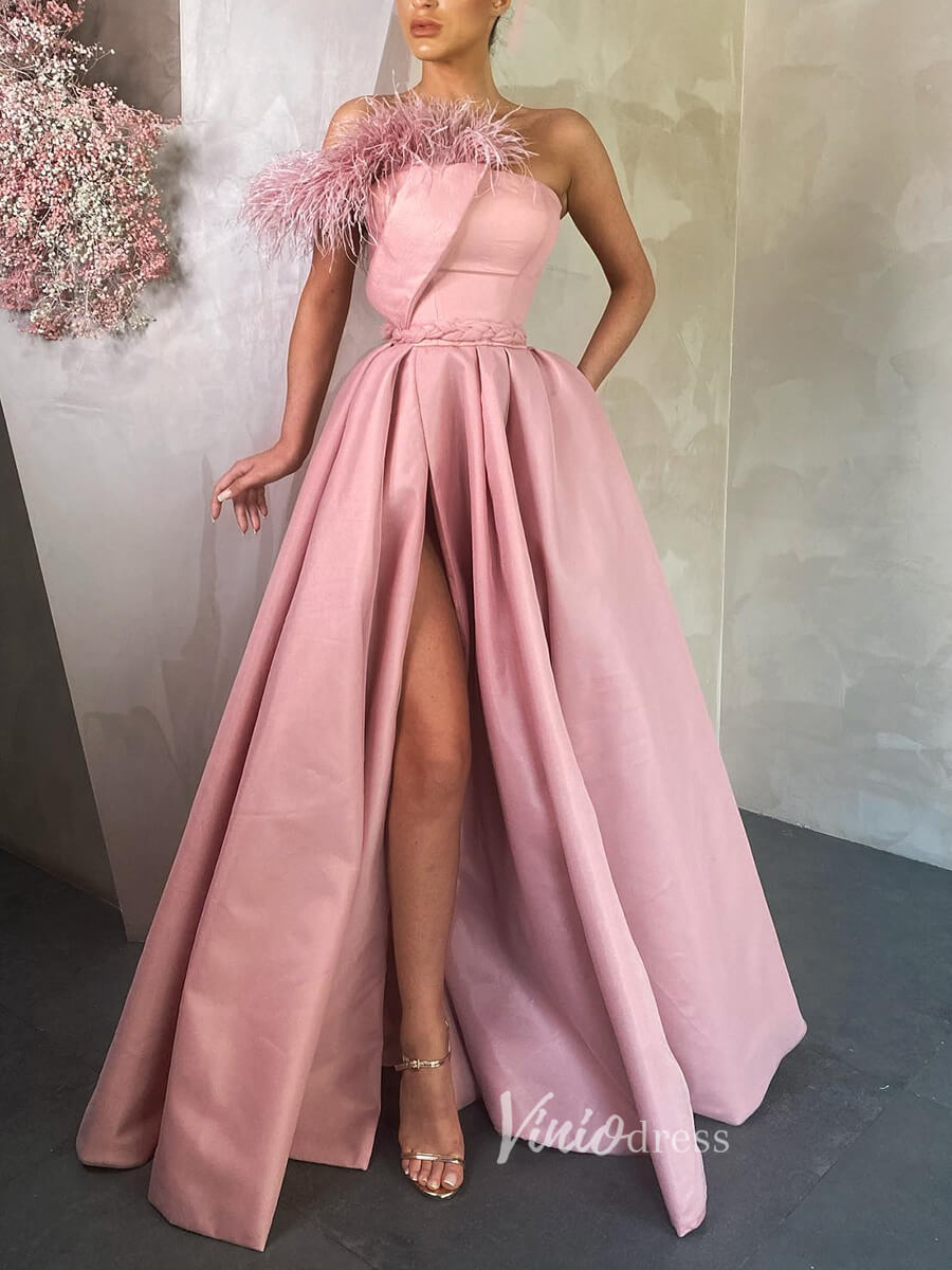 Prom Dress 2025 Satin Prom Dress with Slit One Shoulder Feather Sleeve Evening Gown with Pockets FD3145-unique prom dresses-Pink-Custom Size-Viniodress