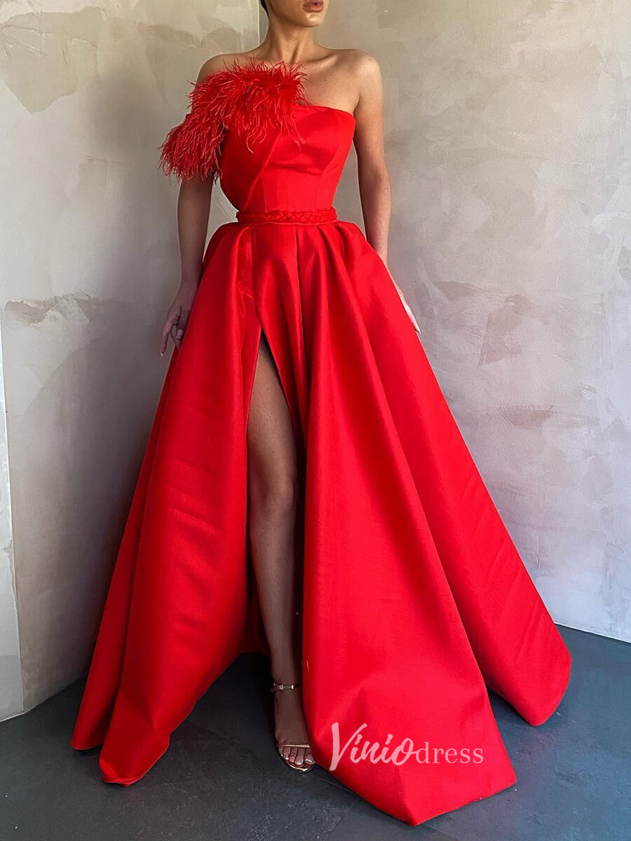 Prom Dress 2025 Satin Prom Dress with Slit One Shoulder Feather Sleeve Evening Gown with Pockets FD3145-unique prom dresses-Red-Custom Size-Viniodress