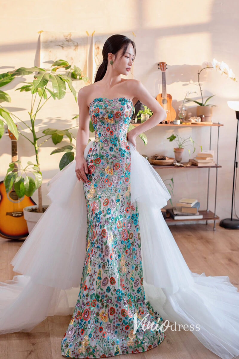 Prom Dress 2025 Sequin Floral Lace Mermaid Prom Dresses with White Ruffle Skirt FD1835B-unique prom dresses-Blue-Custom Size-Viniodress