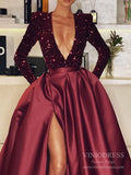 Prom Dress 2025 Sexy Deep V-neck Burgundy Satin Prom Dresses with Pockets FD2516-unique prom dresses-Burgundy-Custom Size-Viniodress