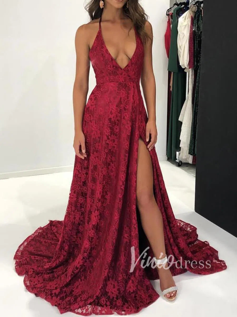 Prom Dress 2025 Sexy Halter Burgundy Lace Formal Dresses with Side Slit FD1364-unique prom dresses-Burgundy-US 2-Viniodress