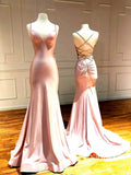 Prom Dress 2025 Sexy Lace Up Back Mermaid Satin Prom Dresses V Neck Blush Formal Dress FD2048-unique prom dresses-As Picture-Custom Size-Viniodress