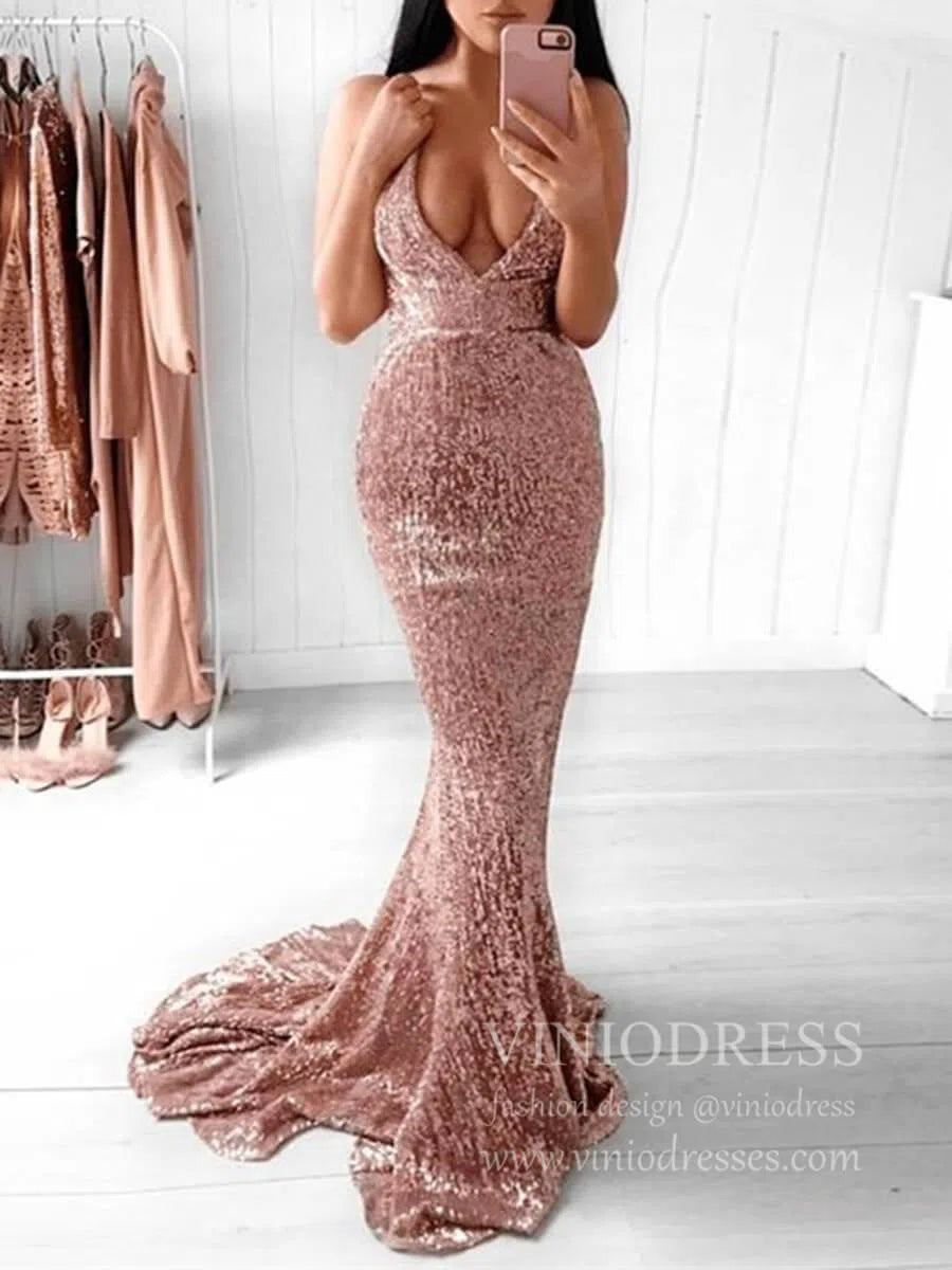 Prom Dress 2025 Sexy Rose Gold Sequin Mermaid Prom Dresses Backless V Neck Formal Dress FD1736-unique prom dresses-Rose Gold-Custom Size-Viniodress