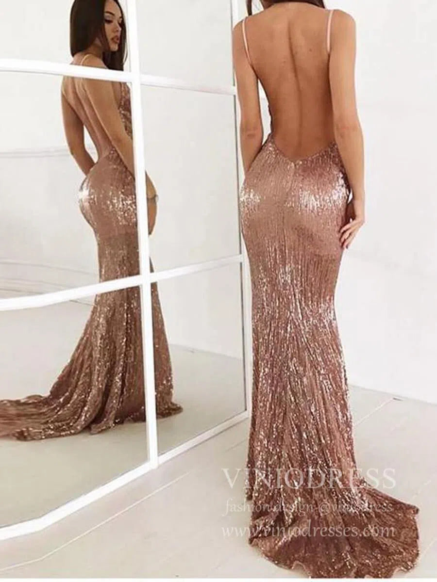 Prom Dress 2025 Sexy Rose Gold Sequin Mermaid Prom Dresses Backless V Neck Formal Dress FD1736-unique prom dresses-Rose Gold-Custom Size-Viniodress