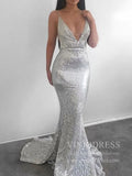 Prom Dress 2025 Sexy Rose Gold Sequin Mermaid Prom Dresses Backless V Neck Formal Dress FD1736-unique prom dresses-Silver-Custom Size-Viniodress