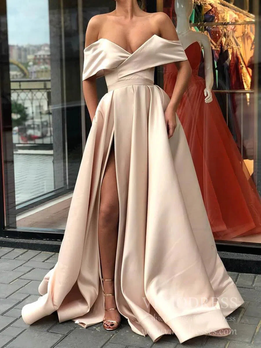 Prom Dress 2025 Sexy Thigh Split Light Blue Satin Prom Dresses with Pockets FD1826B-unique prom dresses-Nude-Custom Size-Viniodress