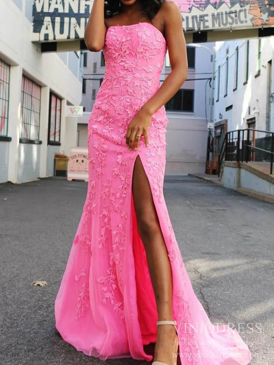 Prom Dress 2025 Sheath Lace Appliqued Long Prom Dresses with Slit FD1250B Strapless, lace-up back-unique prom dresses-Hot Pink-Custom Size-Viniodress