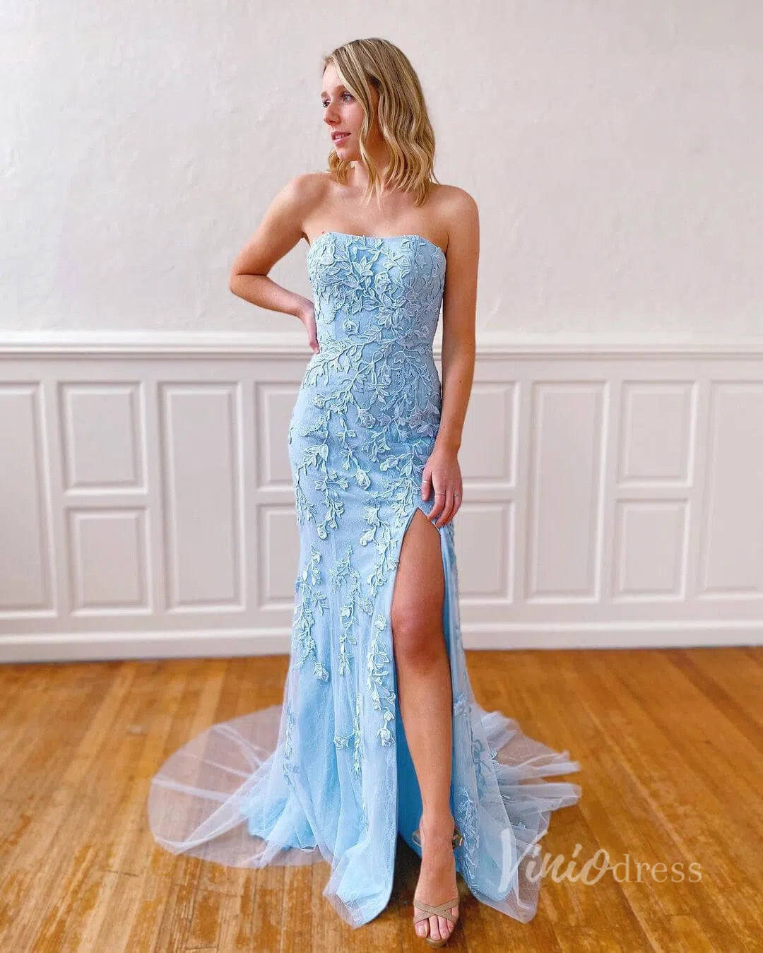 Prom Dress 2025 Sheath Lace Appliqued Long Prom Dresses with Slit FD1250B Strapless, lace-up back-unique prom dresses-Light Blue-Custom Size-Viniodress