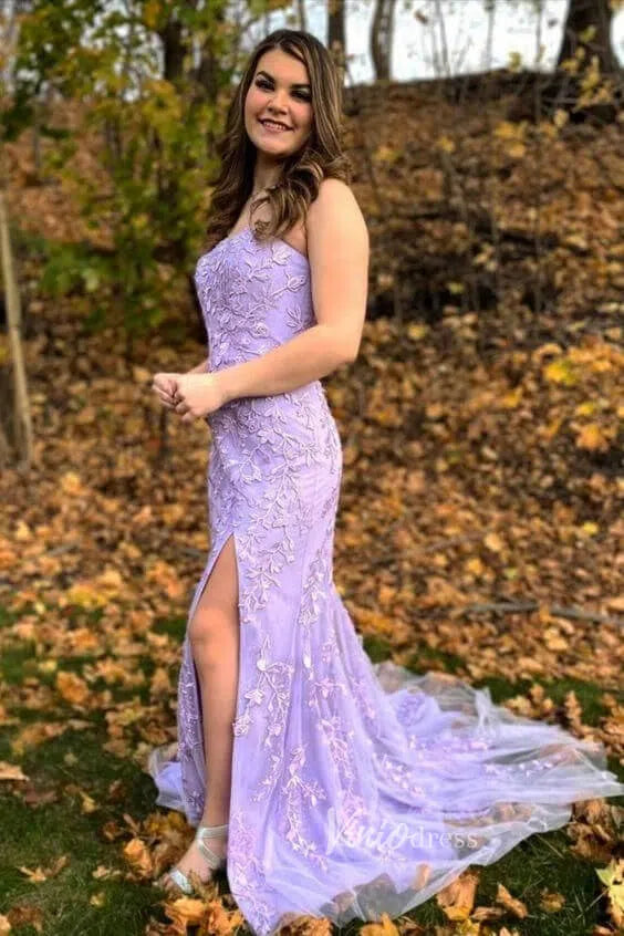 Prom Dress 2025 Sheath Lace Appliqued Long Prom Dresses with Slit FD1250B Strapless, lace-up back-unique prom dresses-Lilac-Custom Size-Viniodress