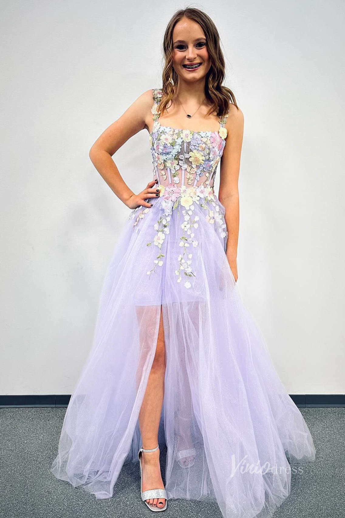 Prom Dress 2025 Sheer Lavender Lace Applique Prom Dresses Removalbe Overskirt FD4039-unique prom dresses-Lavender-Custom Size-Viniodress