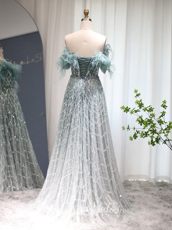 Prom Dress 2025 Shimmer Beaded Lace Prom Dresses Off the Shoulder Evening Dress 20082-unique prom dresses-Light Green-US 2-Viniodress