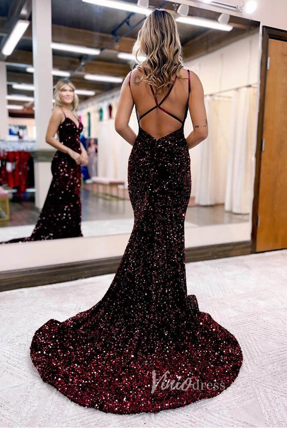 Shimmer Sequin Prom Dresses Mermaid Evening Dress Open Back FD3518 - Viniodressprom dressesBurgundyCustom Size - Formal Dresses - Ball Gowns