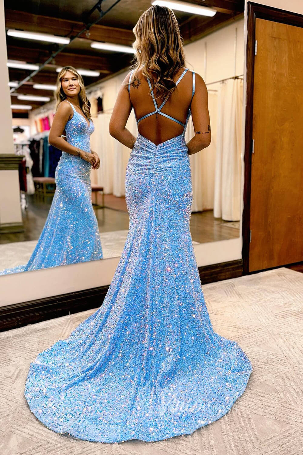 Shimmer Sequin Prom Dresses Mermaid Evening Dress Open Back FD3518 - Viniodressprom dressesLight BlueCustom Size - Formal Dresses - Ball Gowns