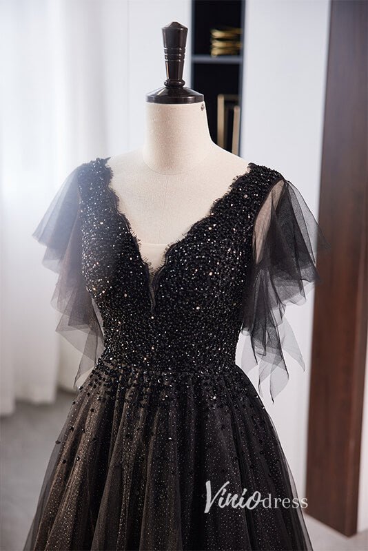 Shimmering Beaded Black Prom Dresses with V - Neck FD3538 - Viniodressprom dressesBlackCustom Size - Formal Dresses - Ball Gowns