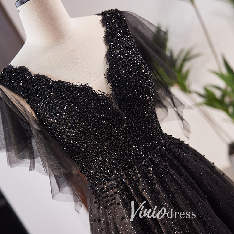 Shimmering Beaded Black Prom Dresses with V - Neck FD3538 - Viniodressprom dressesBlackCustom Size - Formal Dresses - Ball Gowns