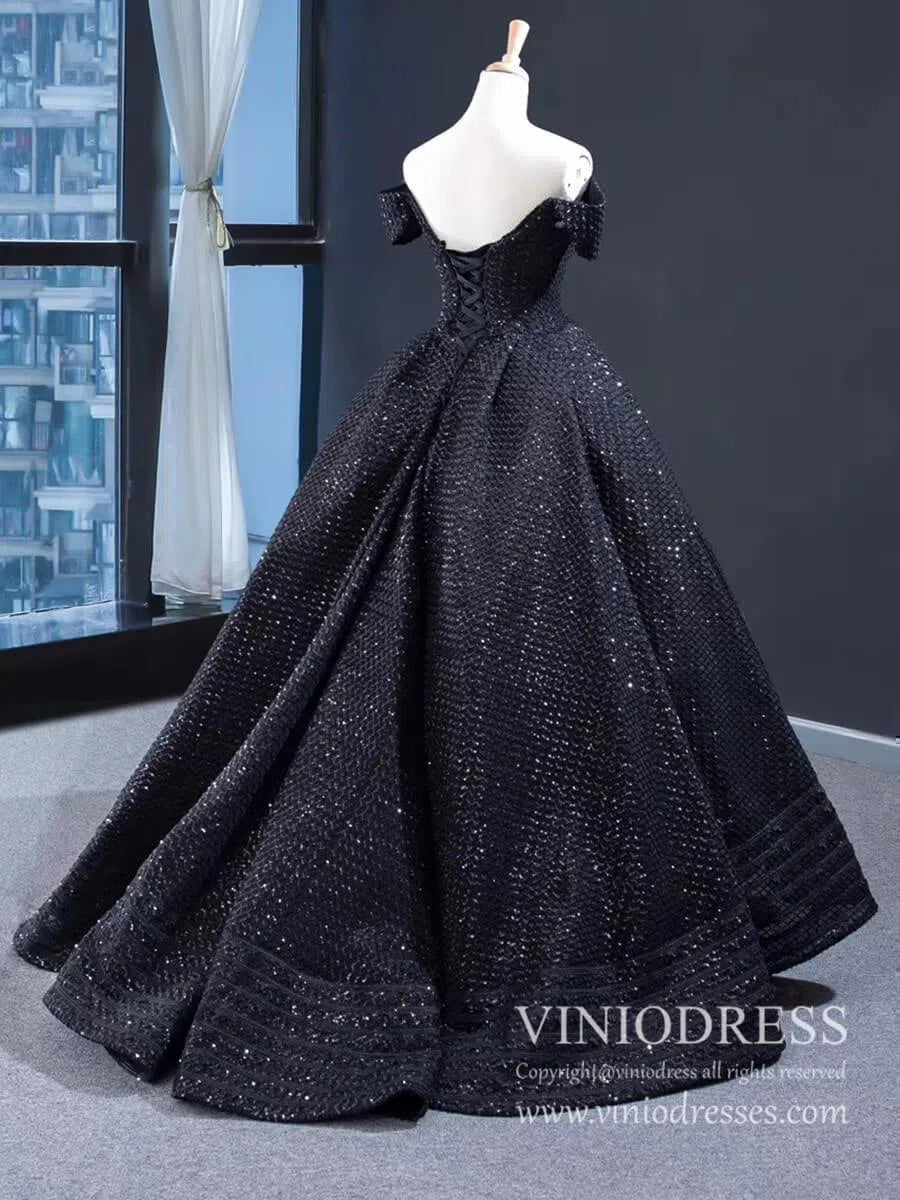 prom dresses 2025 Shimmering Black Sequin Prom Dresses Off the Shoulder Debut Gown FD1977 viniodress-plus size wedding dresses Viniodress-Black-Custom Size-