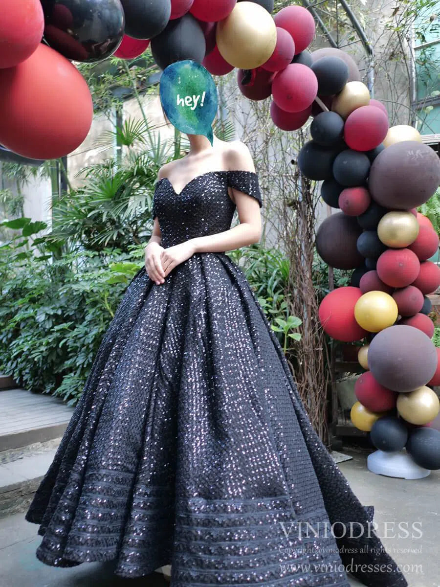 prom dresses 2025 Shimmering Black Sequin Prom Dresses Off the Shoulder Debut Gown FD1977 viniodress-plus size wedding dresses Viniodress-Black-Custom Size-