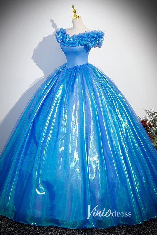 Shimmering Blue Off the Shoulder Quinceanera Dresses FD3535 - Viniodressprom dressesBlueCustom Size - Formal Dresses - Ball Gowns