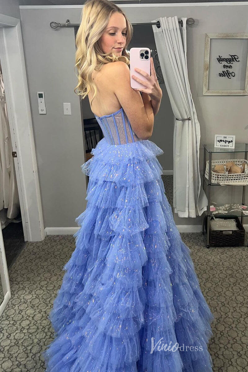 Shimmering Blue Ruffle Prom Dresses Sheer Boned Bodice Formal Gown FD4091 - Viniodressprom dressesBlueCustom Size - Formal Dresses - Ball Gowns