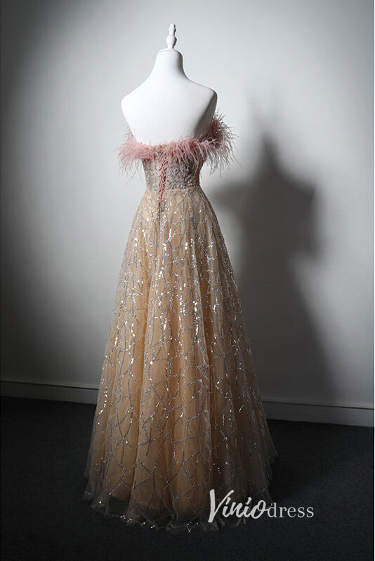 Prom Dress 2025 Shimmering Champange Beaded Prom Dresses with Feathers AD1029-unique prom dresses-Champagne-Custom Size-Viniodress