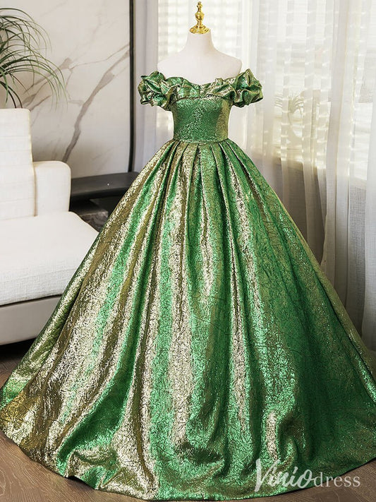 Shimmering Green Off the Shoulder Prom Dresses Sparkly Jacquard Formal Gown AD1361 - Viniodressprom dressesGreenCustom Size - Formal Dresses - Ball Gowns