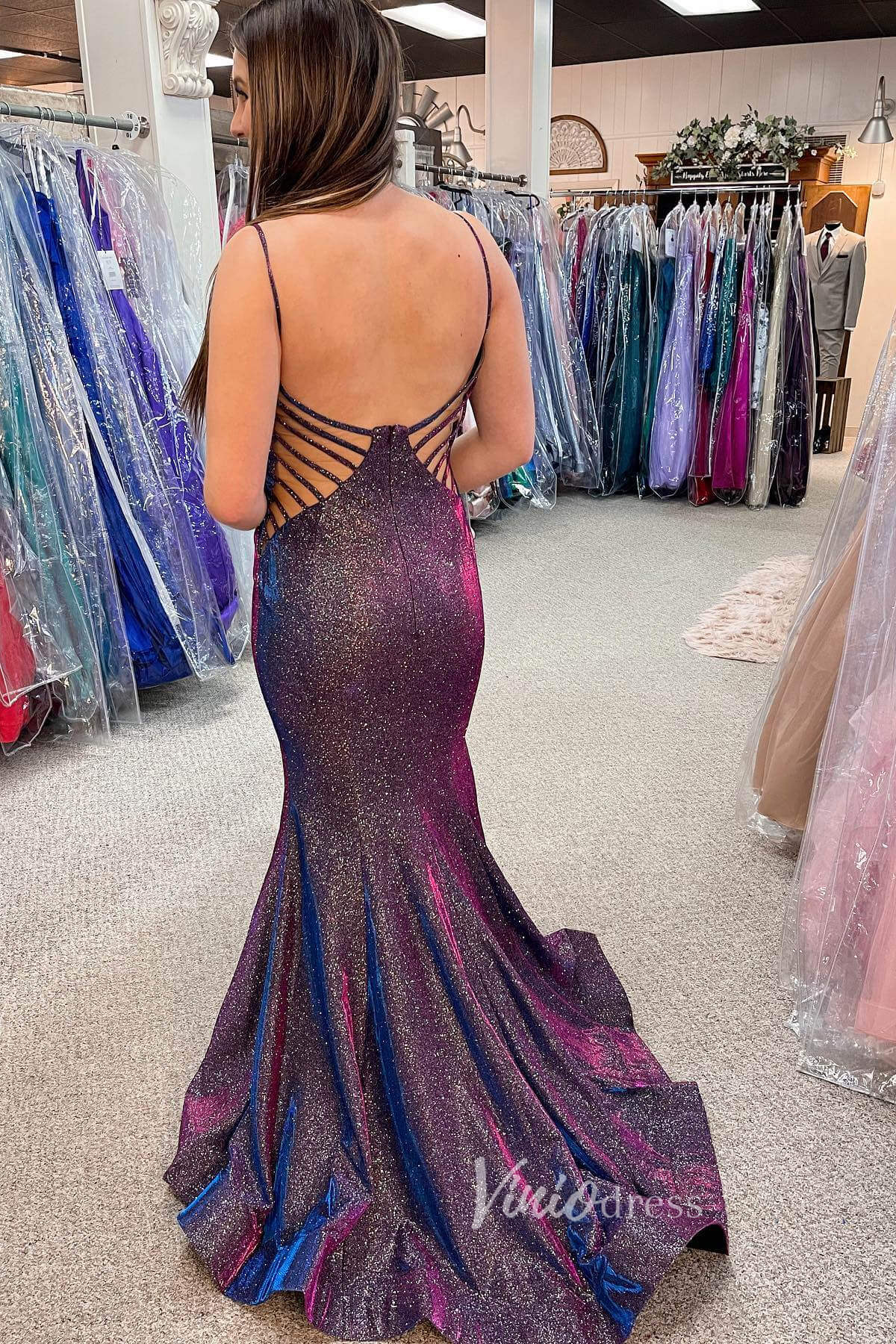 Shimmering Mermaid Satin Prom Dress with Plunigng V - Neck and High Slit FD3484 - Viniodressprom dressesPrupleCustom Size - Formal Dresses - Ball Gowns