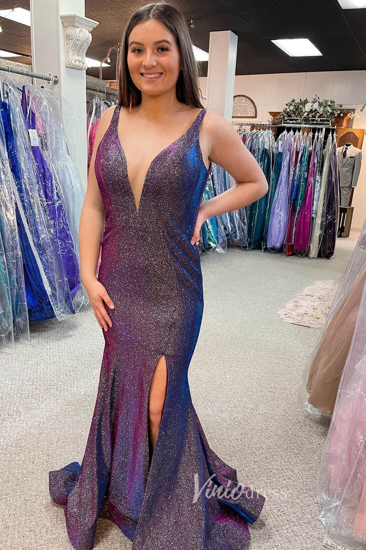 Shimmering Mermaid Satin Prom Dress with Plunigng V - Neck and High Slit FD3484 - Viniodressprom dressesPrupleCustom Size - Formal Dresses - Ball Gowns