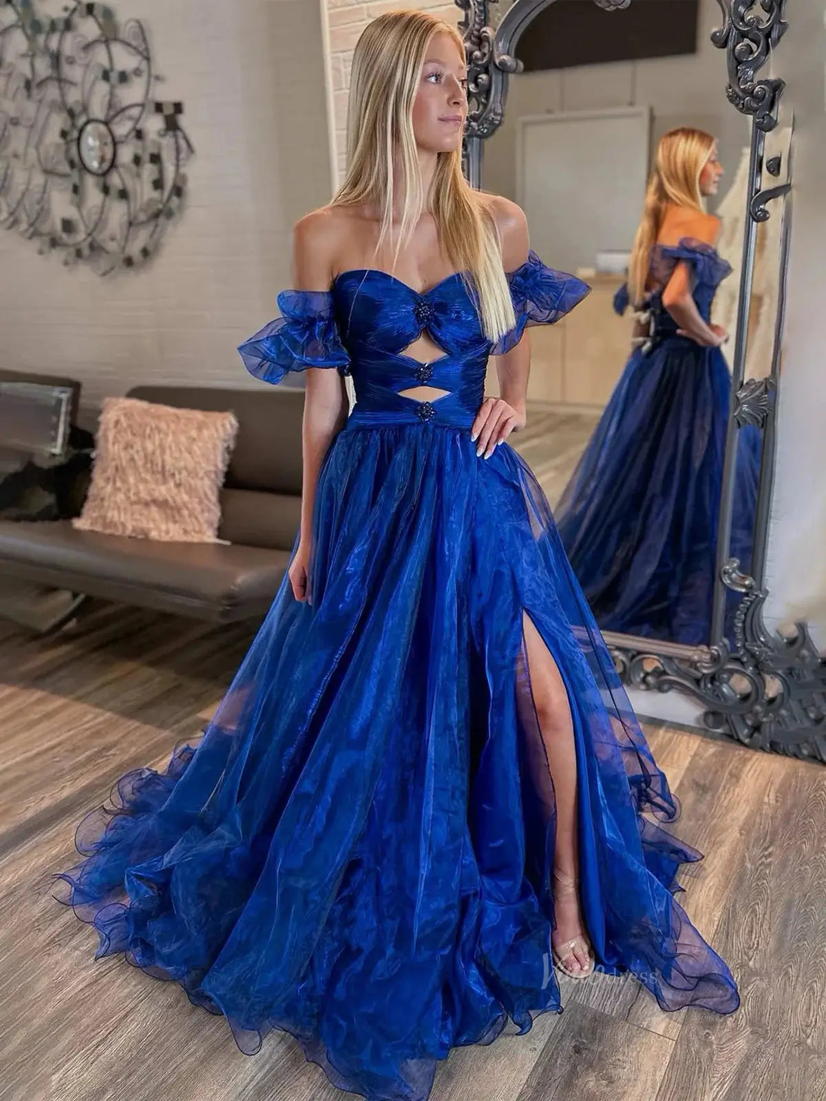 prom dresses 2025 Shimmering Organza Prom Dresses 2025 Off the Shoulder Puffed Sleeve Formal Gown with Slit - FD5137-plus size wedding dresses Viniodress-Blue-Custom Size-