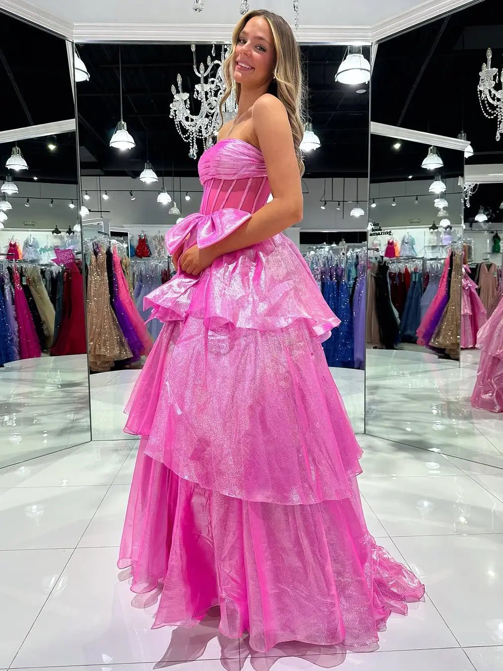 Shimmering Organza Strapless Prom Dress with Slit, Tiered Bottom & Bow – Style FD5194 - Viniodressprom dressesPinkCustom Size - Formal Dresses - Ball Gowns