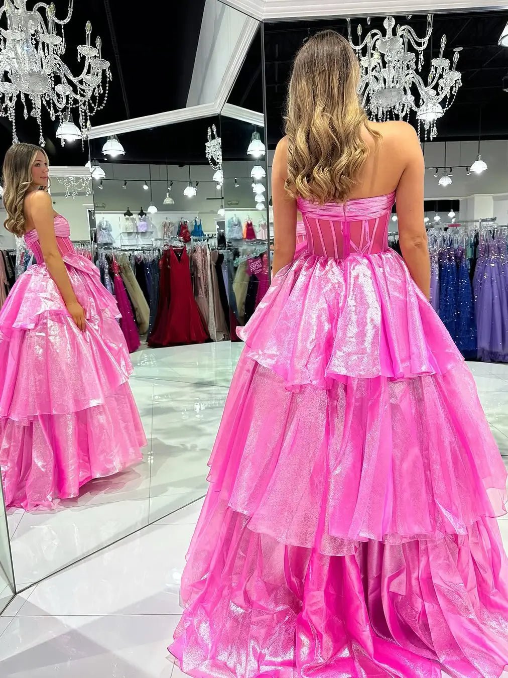 Shimmering Organza Strapless Prom Dress with Slit, Tiered Bottom & Bow – Style FD5194 - Viniodressprom dressesPinkCustom Size - Formal Dresses - Ball Gowns