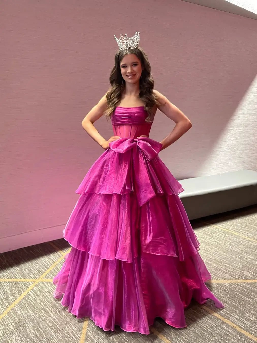 Shimmering Organza Strapless Prom Dress with Slit, Tiered Bottom & Bow – Style FD5194 - Viniodressprom dressesPinkCustom Size - Formal Dresses - Ball Gowns