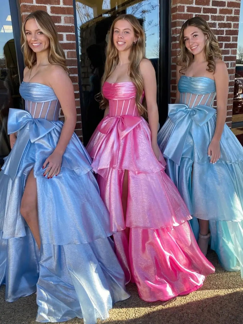 Shimmering Organza Strapless Prom Dress with Slit, Tiered Bottom & Bow – Style FD5194 - Viniodressprom dressesCustom ColorsCustom Size - Formal Dresses - Ball Gowns